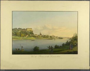Stadtansicht von Pirna mit dem Sonnenstein und der Marienkirche von Nordosten über die Elbe