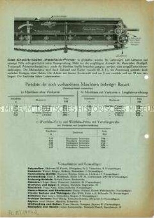 Preisliste Nr. 101 über Düngerstreuer "Westfalia" mit freiliegender "Kuxmannkette" oder "Goliathkette".