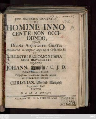 Juris Naturalis Disputatio, De Homine Innocente Non Occidendo