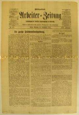 Sozialdemokratische "Arbeiter-Zeitung" zu einer Friedenskundgebung in Wien und zur Oktoberrevolution in Russland