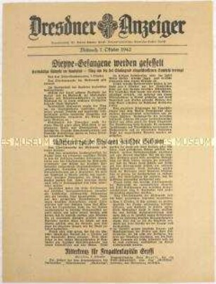 Nachrichtenblatt "Dresdner Anzeiger" mit Meldungen des Oberkommandos der Wehrmacht u.a. zum Kriegsgeschehen in Stalingrad und im Kaukasus