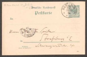 Postkarte an Friedrich Spitta : 10.10.1894