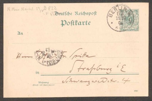 Postkarte an Friedrich Spitta : 10.10.1894