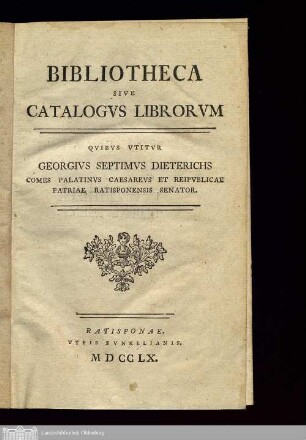 Pars 1: Bibliotheca sive catalogus librorum