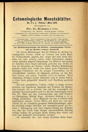 Entomologische Monatsblätter. No. 2 u. 3. Februar-März 1876