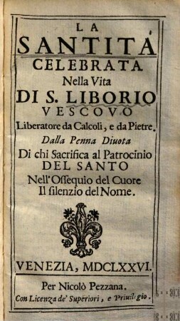 La Santitá celebrata nella vita di S. Liborio Vescovo