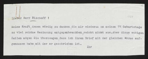 Brief von Gerhart Hauptmann an Friedrich Bischoff