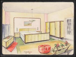 Schlafzimmermöbel. Doppelbett mit zwei Nachtschränkchen, Schrank, dreitürig, Frisierkommode, zweitürig und Schieber, Spiegel, dreiteilig, runder Hocker, Blumenbank zweietagig