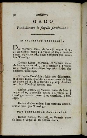 Ordo Praelectionum in singulis facultatibus.