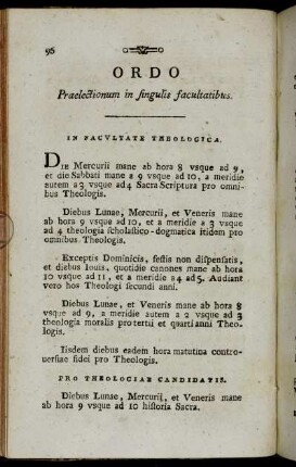 Ordo Praelectionum in singulis facultatibus.