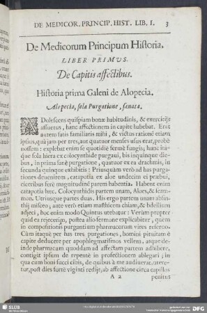 Historia prima Galeni de Alopecia. Alopecia, sola Purgatione, sanata