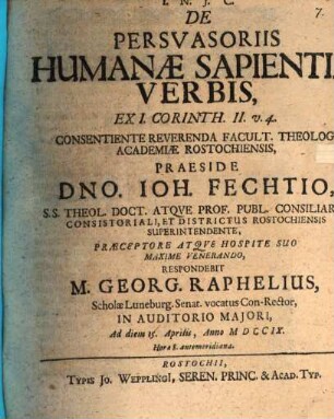 De persua soriis humanae sapientiae verbis : ex I. Corinth. II. v. 4