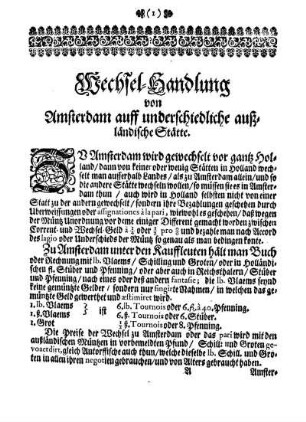 Wechsel-Handlung von Amsterdam auff underschiedliche außländische Stätte.