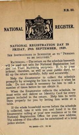 Merkblatt für die Volkszählung am 29. September 1939 in Großbritannien