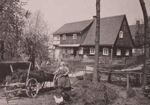 Steinigtwolmsdorf (obersorbisch Wołbramecy), Frau beim Beladen eines Fuhrwerks mit Mist vor einem Kleinbauernhaus, Umgebinde