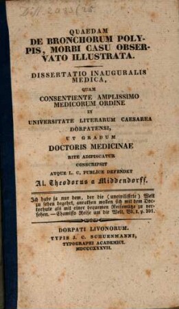 Quaedam de bronchorum polypis, morbi casu observato illustrata : Diss. inaug. med.