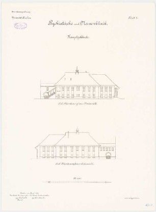 Universität Breslau Klinische Neubauten. Psychiatrische und Nervenklinik: Hauptgebäude: Nordansicht, Südansicht 1:150