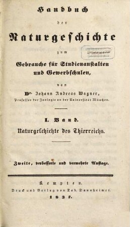 Handbuch der Naturgeschichte : zum Gebrauche für Studienanstalten und Gewerbschulen, 1. Naturgeschichte des Thierreichs