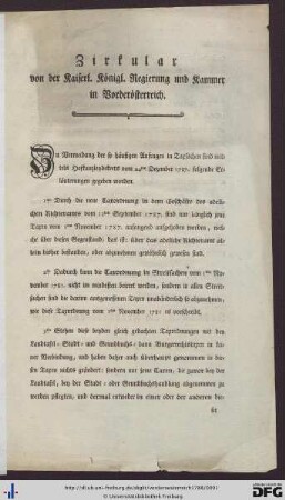Zirkular von der Kaiserl. Königl. Regierung und Kammer in Vorderösterreich.