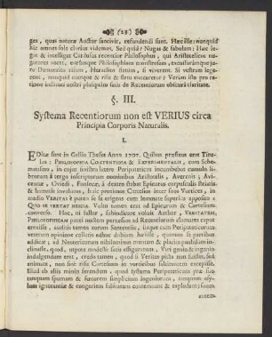 §. III. Systema Recentiorum non est Verius circa Principia Corporis Naturalis