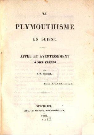 Le Plymouthisme en Suisse : Appel et avertissement à mes frères