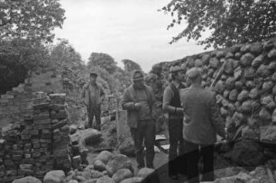 Gut Jersbek: Eiskeller: Restaurierung: Feldsteinmauer: Fachleute bei Begutachtung, im Beisein von Arbeitern: Feldsteine, Stapel mit Backsteinen: hinten Rest Backsteinmauer