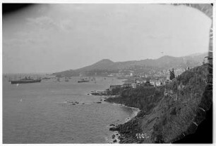 Funchal, Madeira/ Portugal: Küste mit Hafen. Blick entlang der Steilküste auf den Hafen mit Passagierdampfer Cleveland