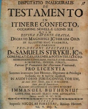 Disputatio Inauguralis De Testamento In Itinere Confecto, Occasione Novellae Leonis XLI.