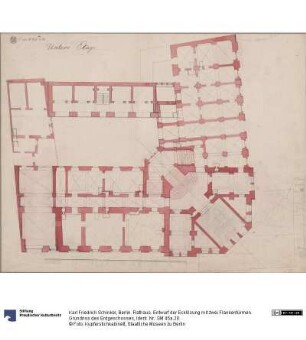Berlin. Rathaus. Entwurf der Ecklösung mit zwei Flankentürmen. Grundriss des Erdgeschosses