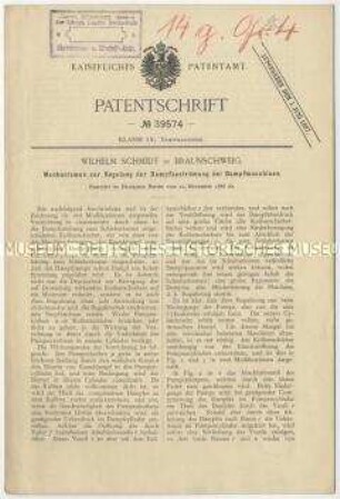 Patentschrift eines Mechanismus zur Regelung der Dampfströmung bei Dampfmaschinen, Patent-Nr. 39574