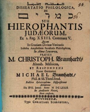 Diss. philol. de kemārîm seu hierophantis Judaeorum : ex 2. Reg. XXIII. commate V.