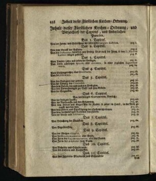 Inhalt dieser Fuerstlichen Kirchen-Ordnung, und Verzeichniß der Capittel, und sonderlichen Puncten