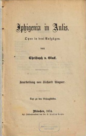 Iphigenia in Aulis : Oper in drei Aufzügen