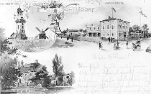 Dresden-Gönnsdorf. Ortsansichten mit Windmühle, Repro nach Ansichtskarte