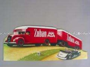 Werbeaufsteller mit Werbeaufdruck für "Zuban"-Zigaretten (Motiv: Zuban-LKW)