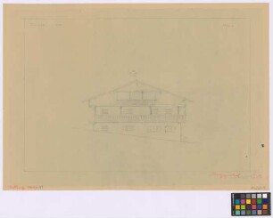 Icking (Landkreis Wolfratshausen): Bauernhaus, [Altes Haus Klostermayer]. Haupthaus (Süd-Giebel-Ansicht)