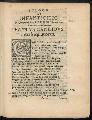 Ecloga De Infanticidio Magni parricidae Herodis innocentium infantulorum. Faustus Candidus interloquutores.