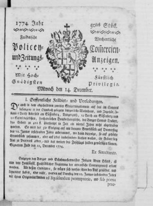 50tes Stück., Ausgabe vom 14. Dezember 1774