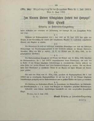 16. Abgabengesetz für das Herzogtum Gotha für 1. Juli 1902/3. Vom 2. Juni 1902