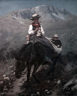 Walliserin mit zwei Kindern auf einem Maultier zu Tale reitend