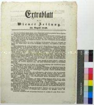 Extrablatt der Wiener Zeitung 13. August 1849 Darin: Bericht über Kämpfe in Ungarn