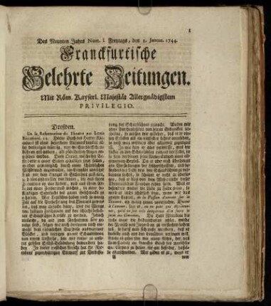 Num. I. Freytags, den 3. Januar. 1744 - Num. X. Dienstags, den 4. Februar. 1744