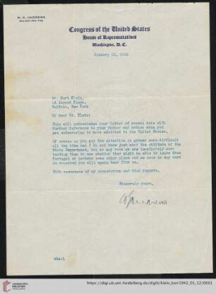 Korrespondenz von Alice und Ludwig Klein: Brief von W.G.Andrews an Kurt Klein