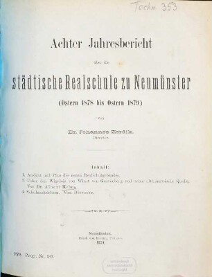 Jahresbericht über die Städtische Realschule zu Neumünster : Ostern ... bis Ostern ..., 1878/79 = Jahresb. 8