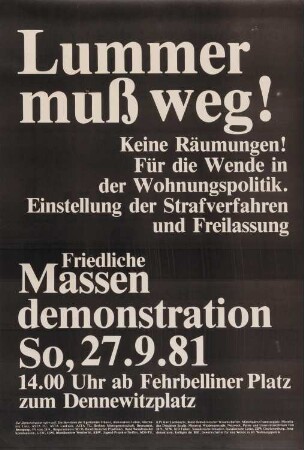 Plakat: "Lummer muss weg! Keine Räumungen!"
