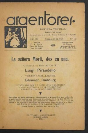1936009200: La señora Morli, dos en una : comedia en tres actos