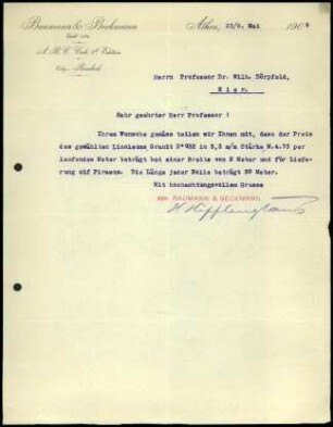 Fa. Baumann & Beckmann an W. Dörpfeld