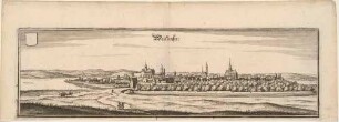 Stadtansicht von Weißensee in Thüringen, mit der Runneburg und den Kirchen, aus Merians Topographia Superioris Saxoniae