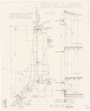 Maschinenfabrik Wisch und Co., Berlin-Spandau Erweiterungsbau: Grundriss DG, 1.OG u. EG der Fensterwand 1:20, Schnitt A-B durch die Fensterwand 1:20