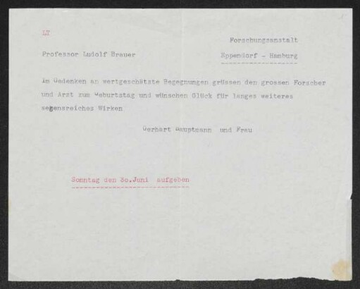 Brief von Gerhart Hauptmann und Margarete Hauptmann an Ludolph Brauer